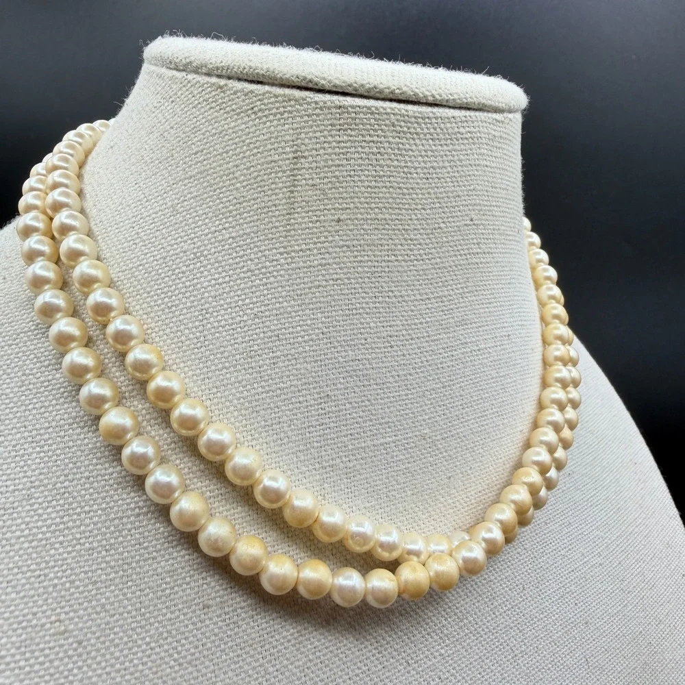 Double Strand Faux Pearl Necklace Cream Gold Tone Hook Clasp Romantic Elegant